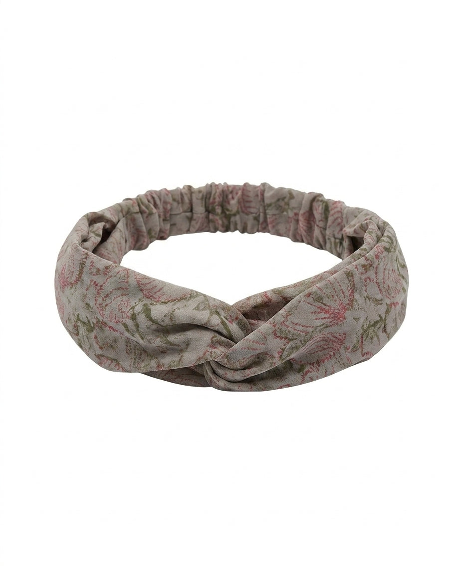 Bandeau Cofur en soie de sari upcyclée, imprimé feuillage rose et kaki sur fond grège, nœud torsadé