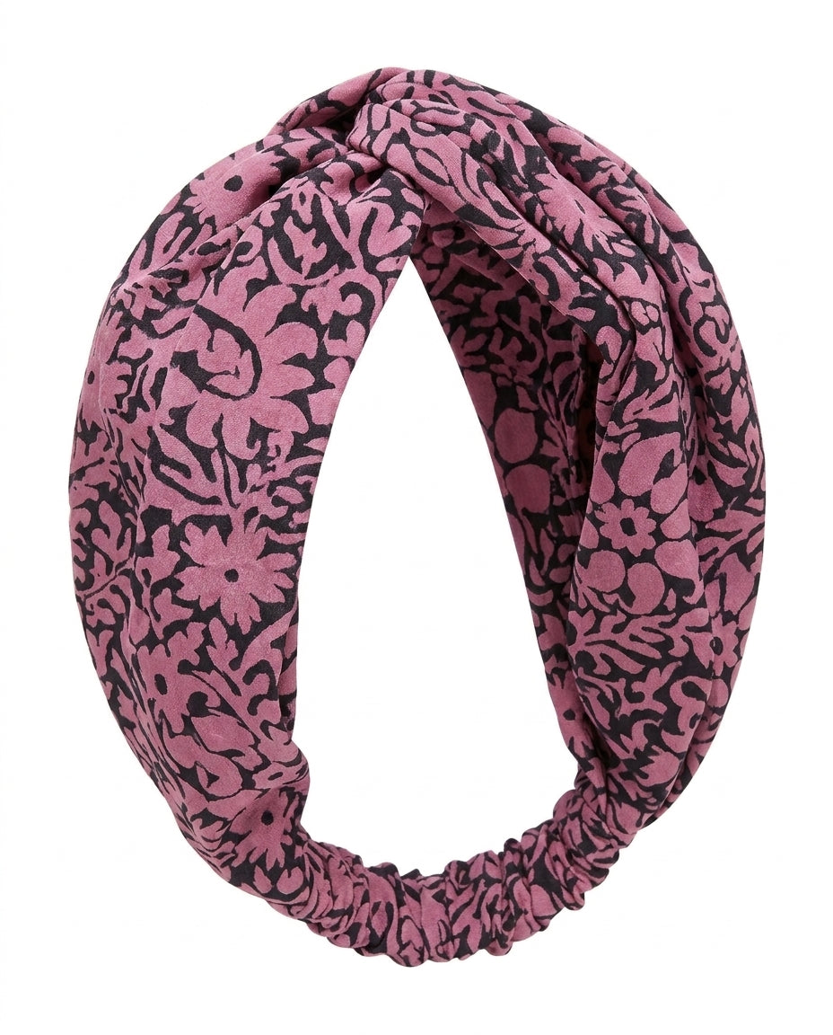 Bandeau Cofur en soie de sari upcyclée, imprimé floral noir sur mauve, nœud torsadé