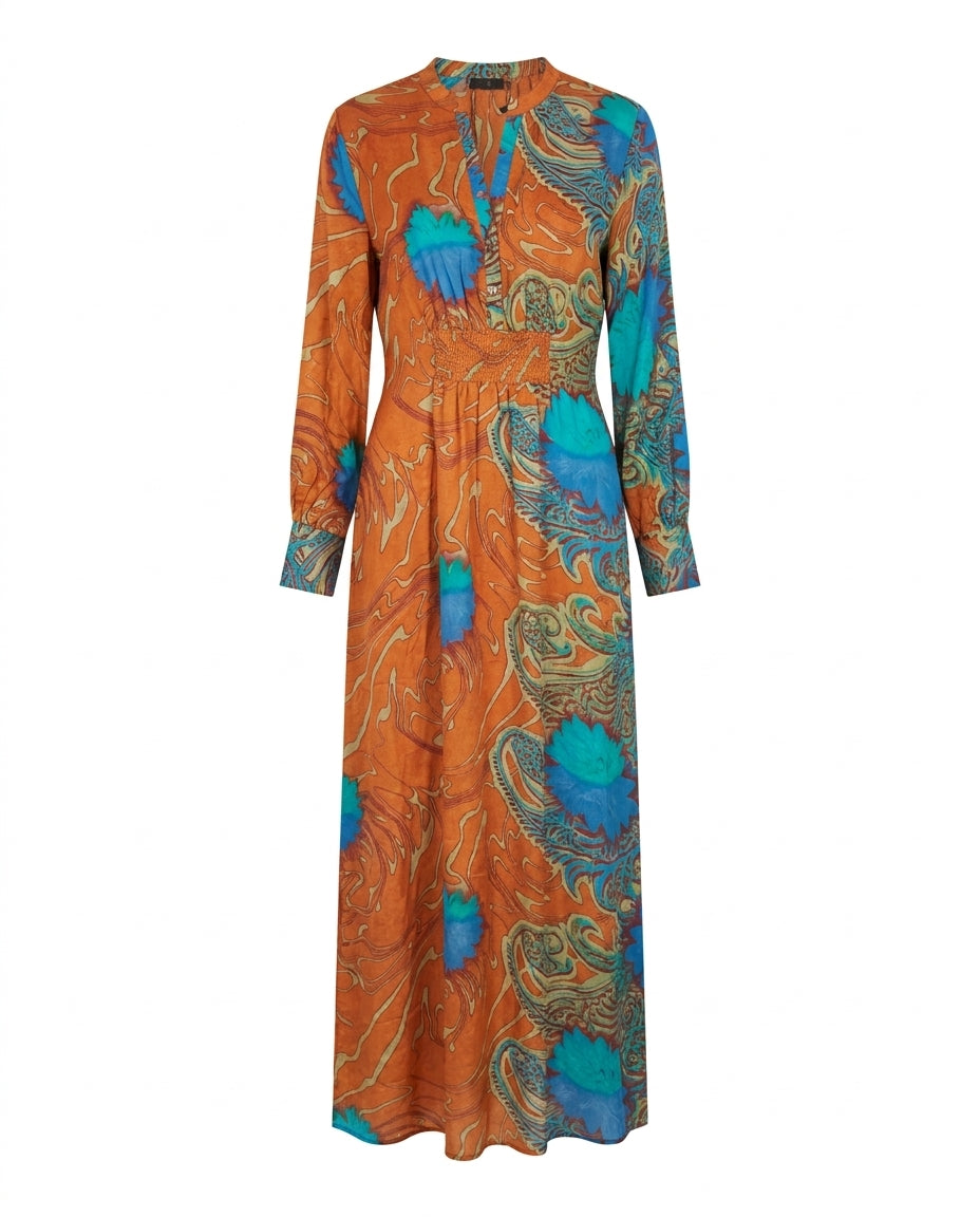 Robe-chemise Cofur « Manhattan » en soie orange brûlé à grands lotus turquoise et paisleys, taille smockée