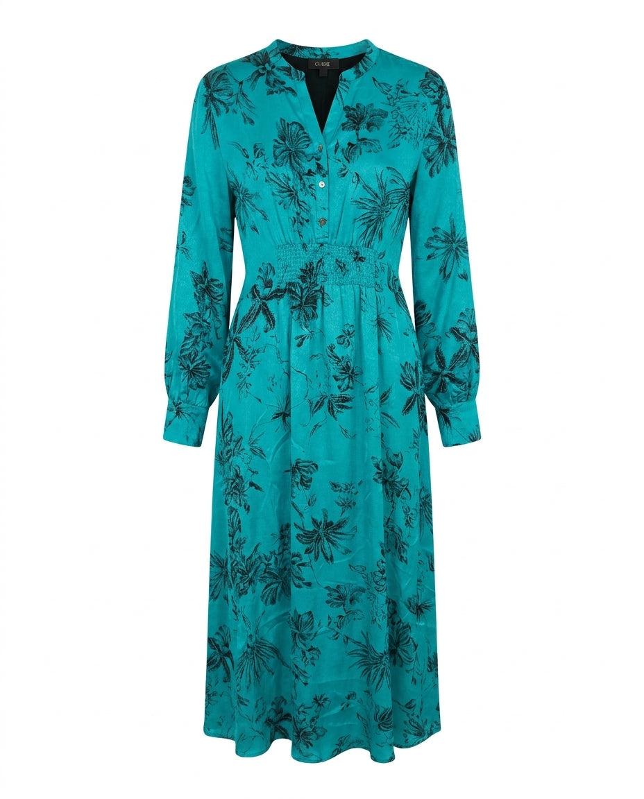 Robe-chemise Cofur « Manhattan » en soie turquoise à grandes fleurs dessinées au trait noir, taille smockée et col mao