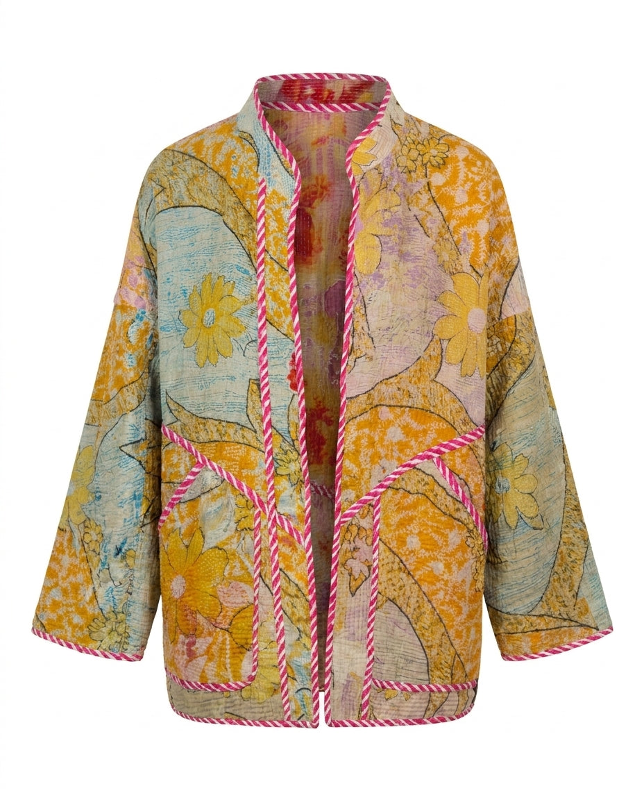 Veste kantha Cofur en saris anciens, grandes marguerites safran sur fond turquoise, biais rayé fuchsia, vue de face