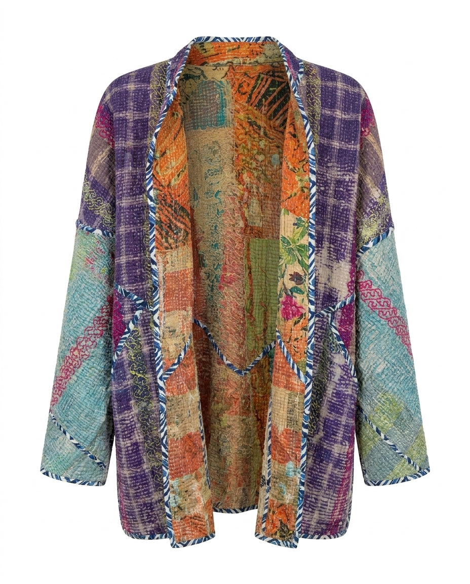 Veste kantha Cofur en saris anciens, damier violet et panneaux turquoise, biais rayé bleu et blanc, vue de face