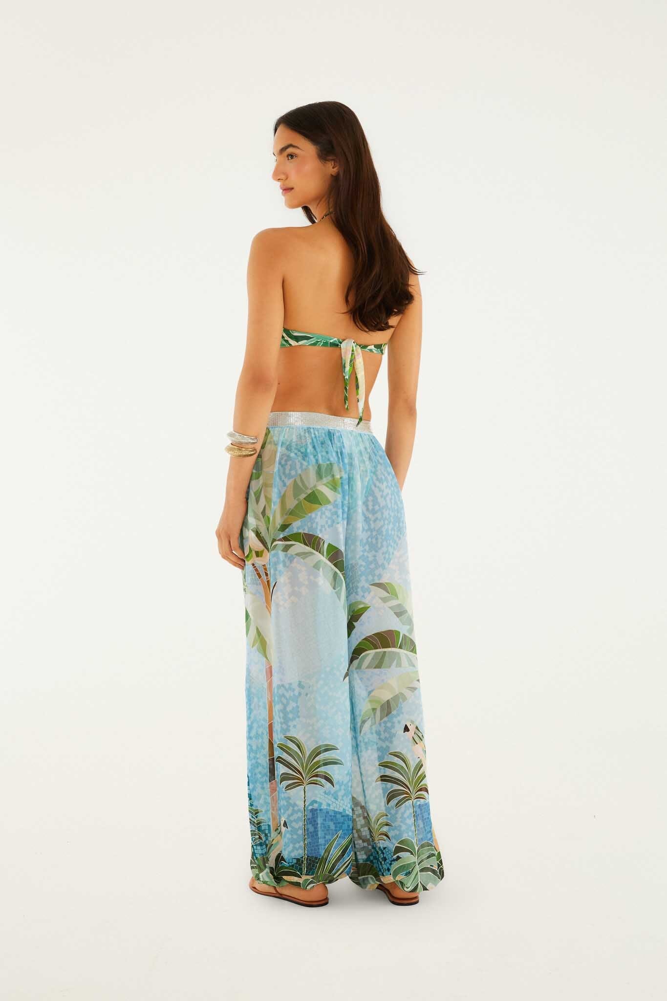 Pantalon ballon FARM Rio en viscose bleue Mosaic Rio, boutons sur le côté et broderies, détail de l'imprimé