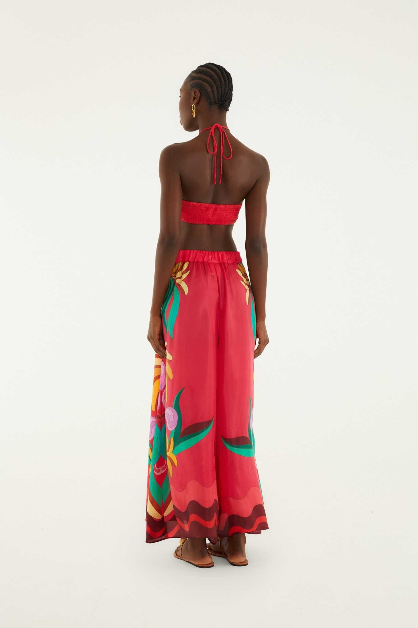 Pantalon large FARM Rio à imprimé multicolore Banana Queen et pompons perlés à la taille, détail de l'imprimé