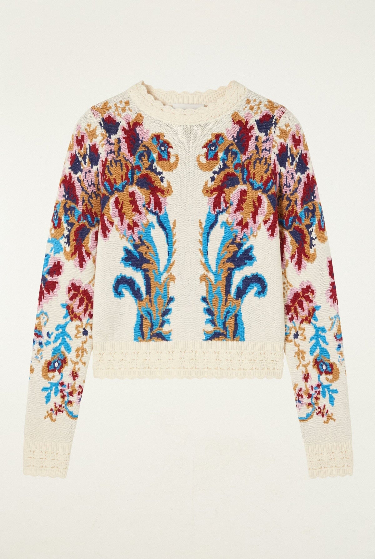 Pull court en maille FARM Rio écru à motif arabesque, col rond et manches longues – à plat