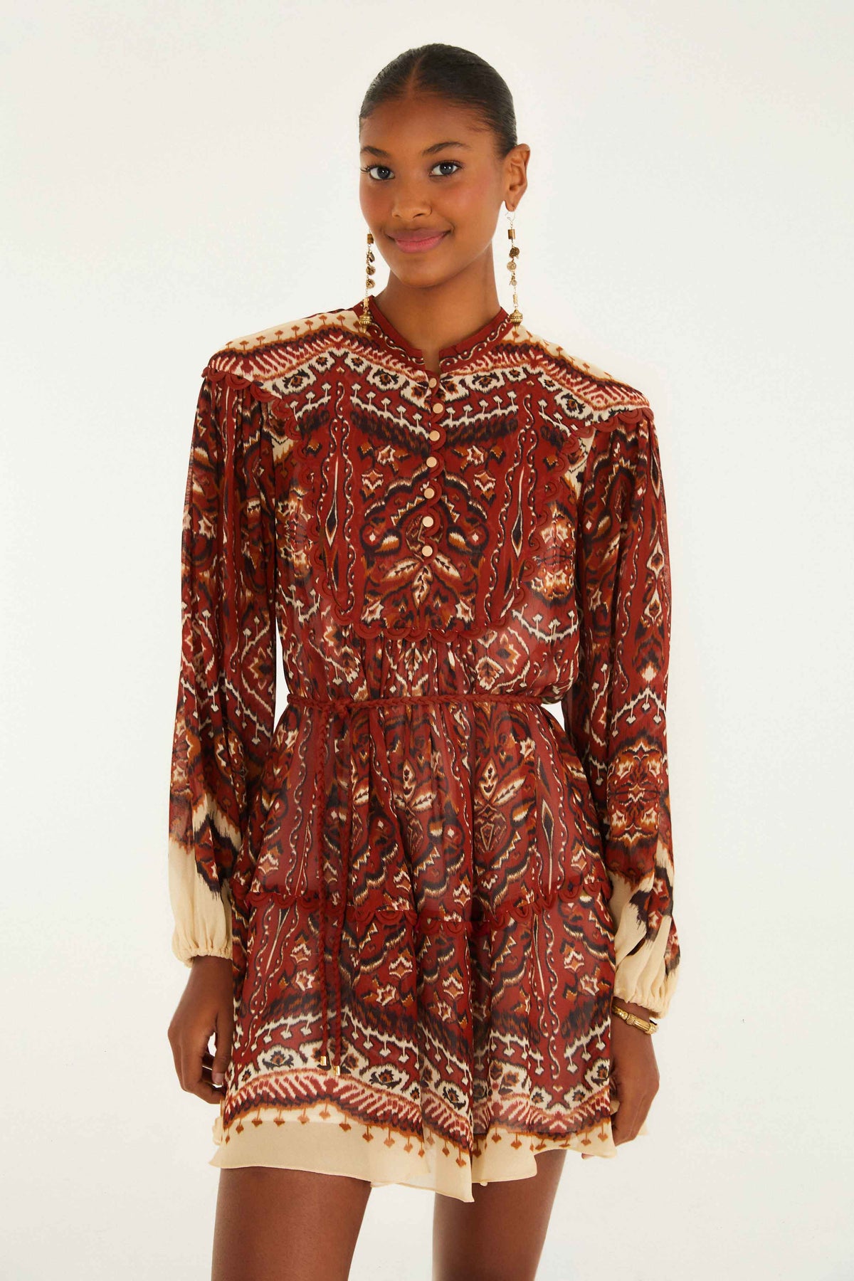 Robe courte FARM Rio Ainika Pineapple à col montant et manches longues – vue de face