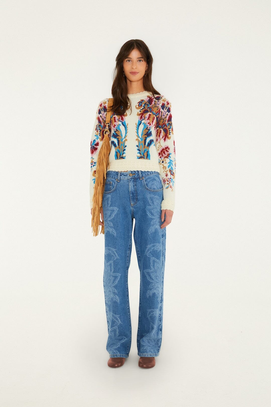 Pantalon en denim FARM Rio à motif de feuilles et de fleurs gravé au laser, jambe droite longueur cheville — vue 2