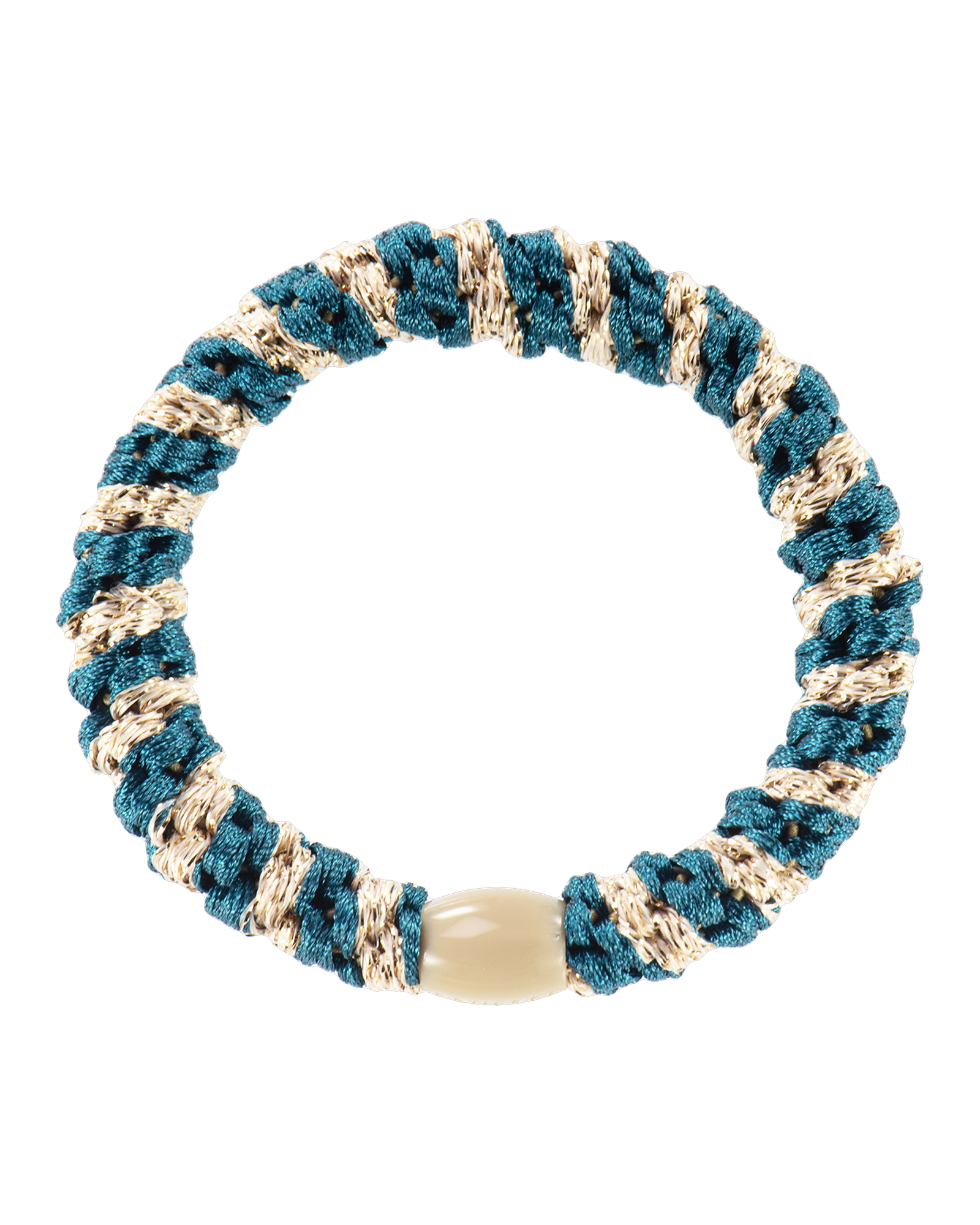 Élastique à cheveux Kknekki Original Rayé Bleu Pétrole Clair & Beige Pailleté, vue de face