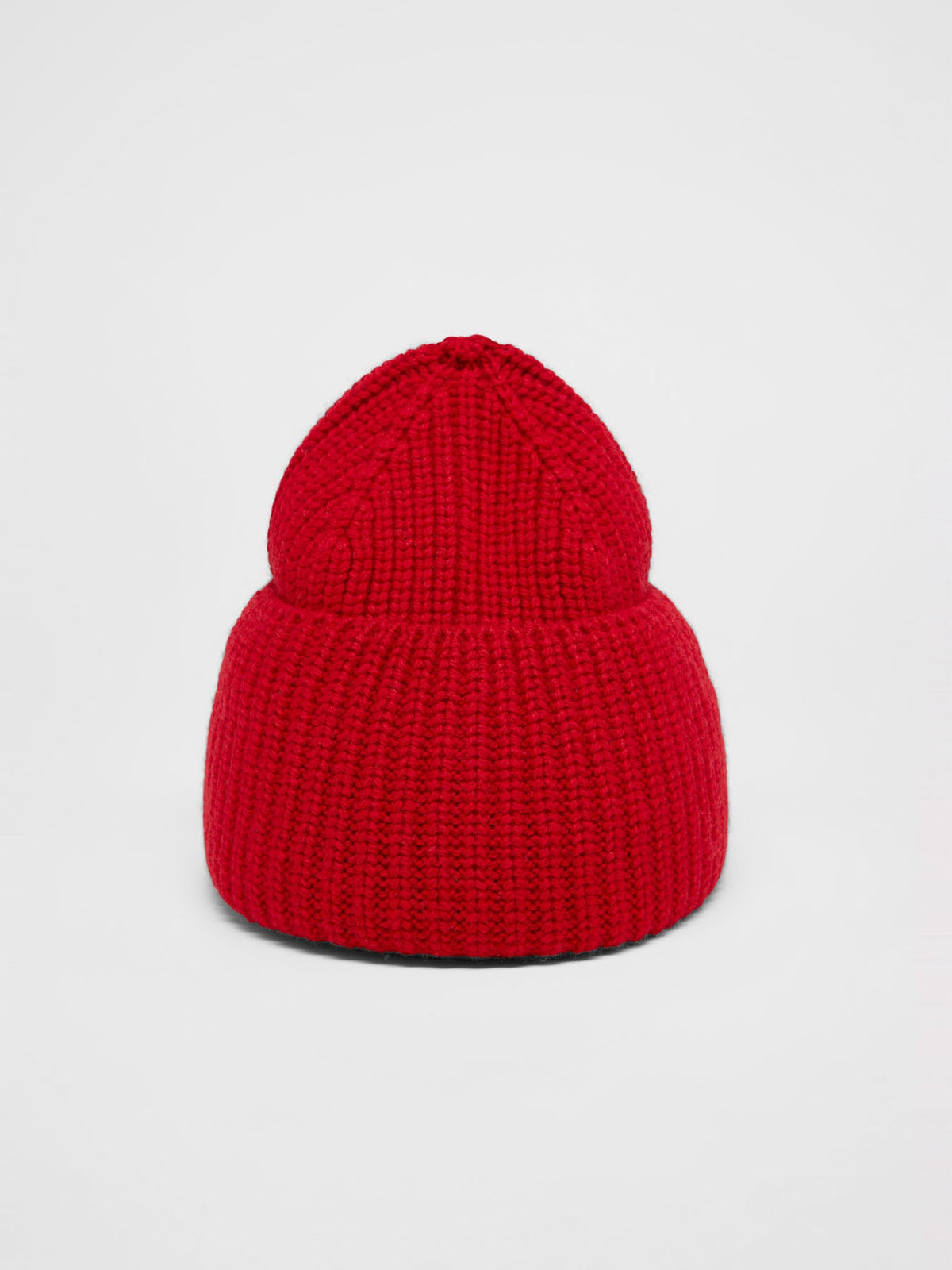 Bonnet côtelé laine et coton bio LANIUS Rouge – vue de face, revers relevé