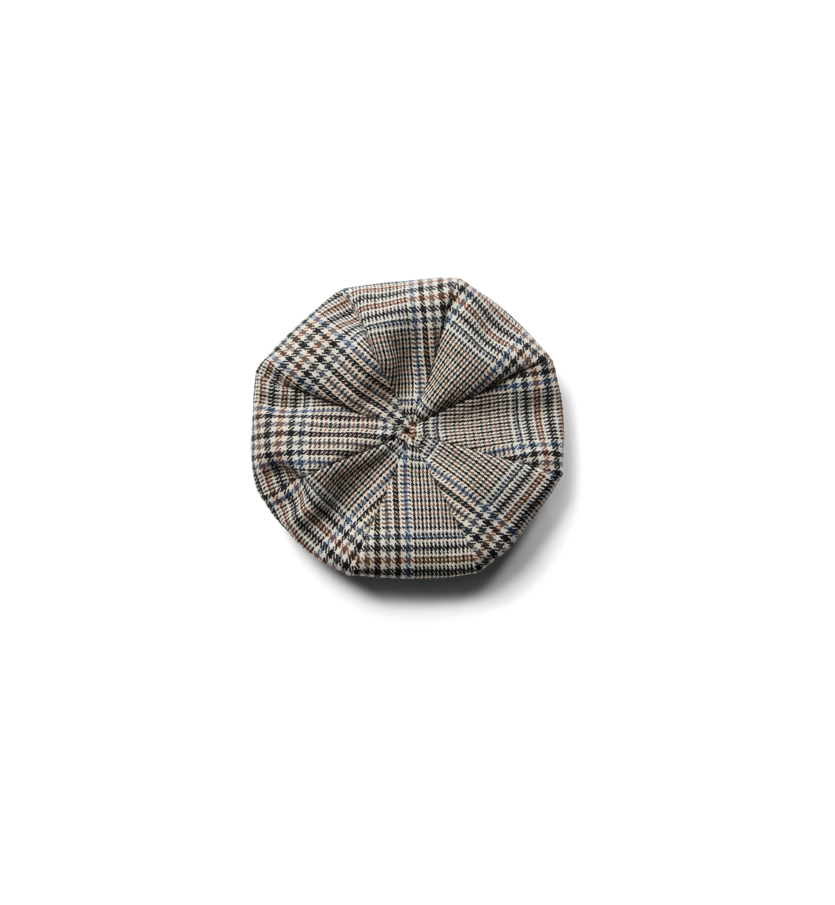 Casquette gavroche à carreaux MOS MOSH Oxford Tan – vue de dessus, calotte à panneaux et bouton