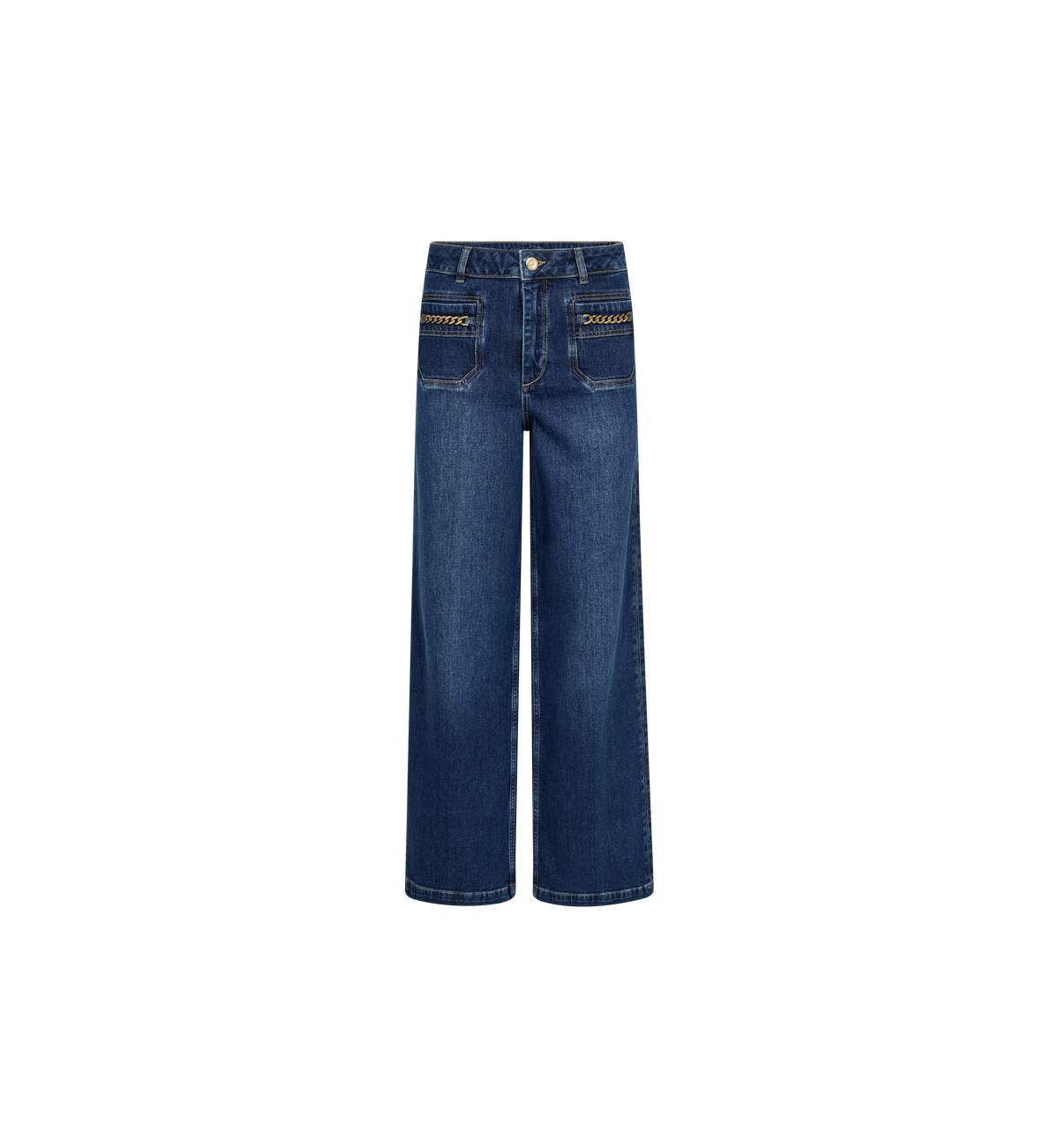 Jean large taille haute MOS MOSH Dark Blue – vue de face à plat, poches plaquées à chaîne dorée