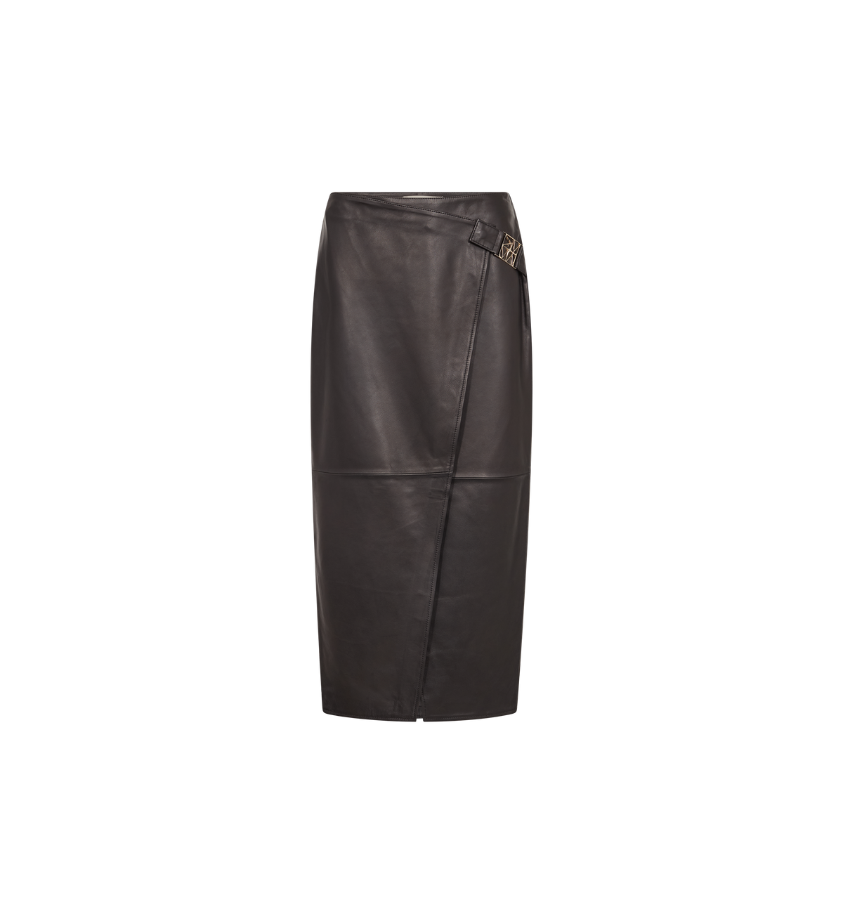 Jupe portefeuille en cuir MOS MOSH noire – vue de face à plat, pan croisé et boucle