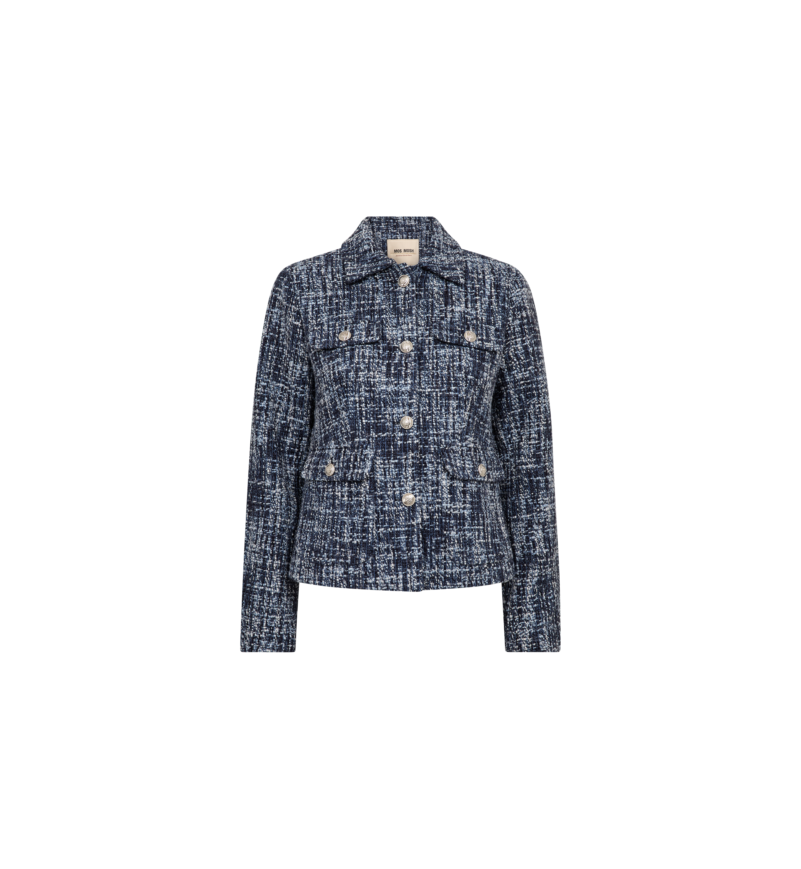 Veste courte en tweed MOS MOSH Salute Navy – vue de face à plat, boutons dorés et quatre poches à rabat