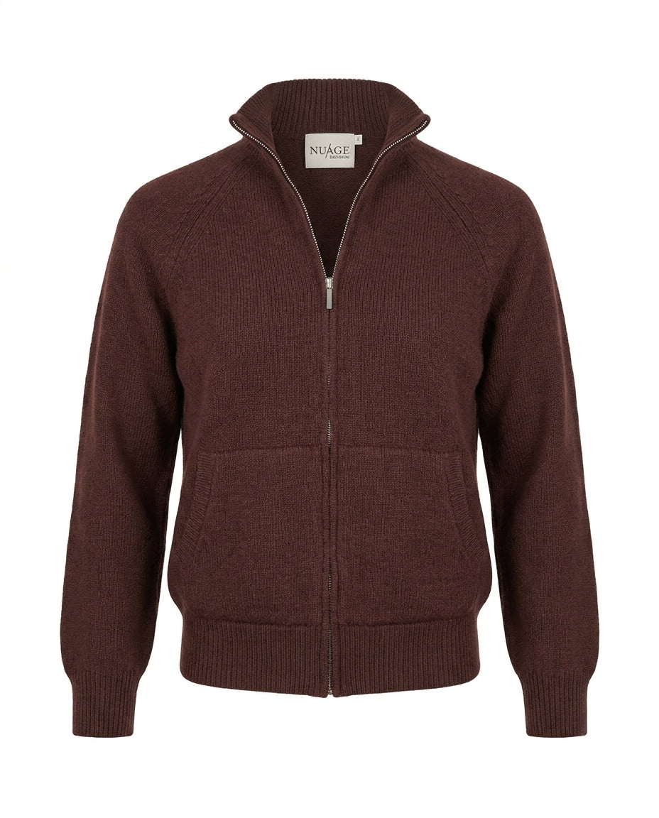 Bomber en cachemire Nuage Cashmere chocolat, vue de face à plat, fermeture zippée et col montant