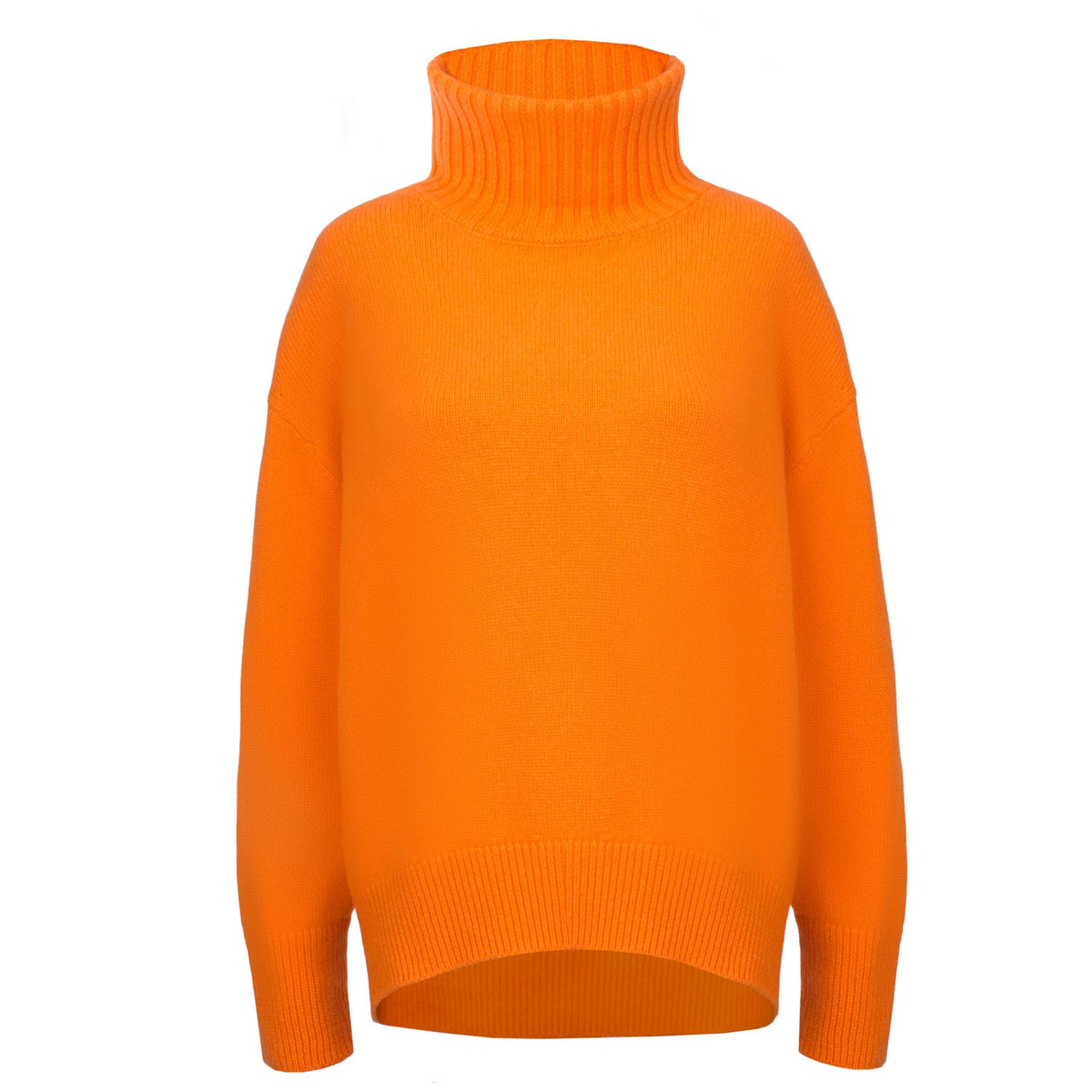 Pull col roulé Nuage Cashmere en Hot Orange, vue de face à plat, col roulé côtelé