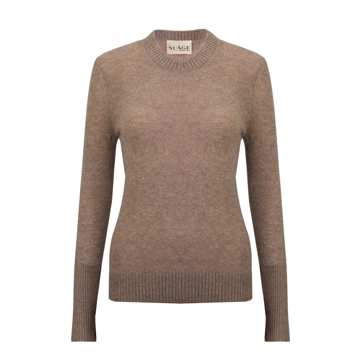 Pull léger Nuage Cashmere en Cappuccino, vue de face à plat, col rond et bords-côtes fins