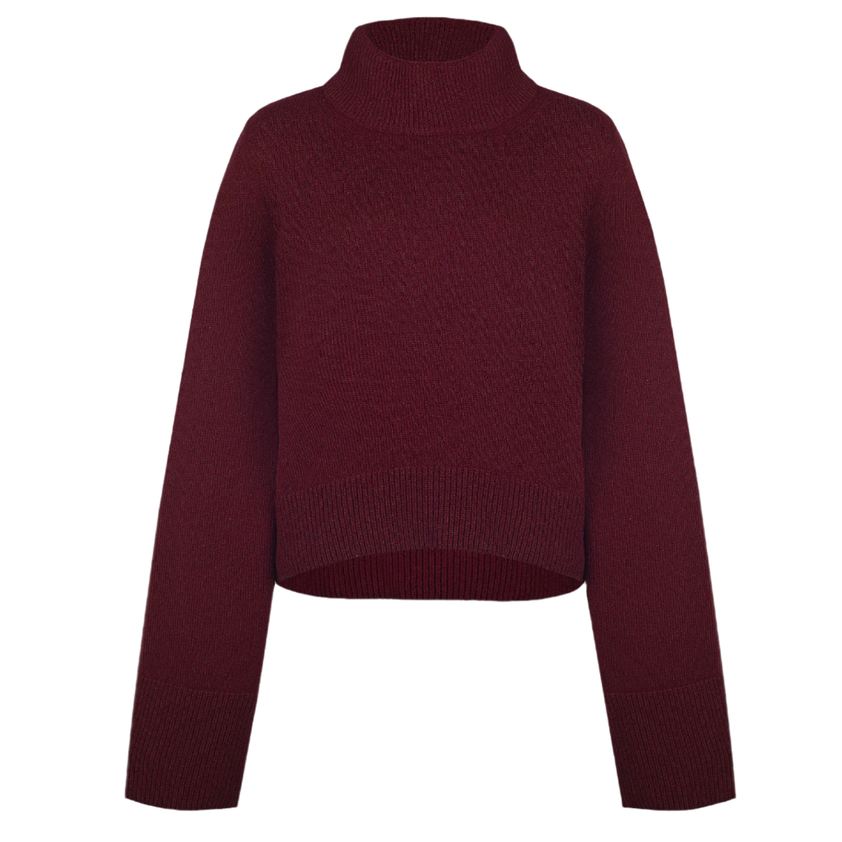 Pull manches larges Nuage Cashmere en Burgundy, vue de face à plat, col montant et poignets côtelés