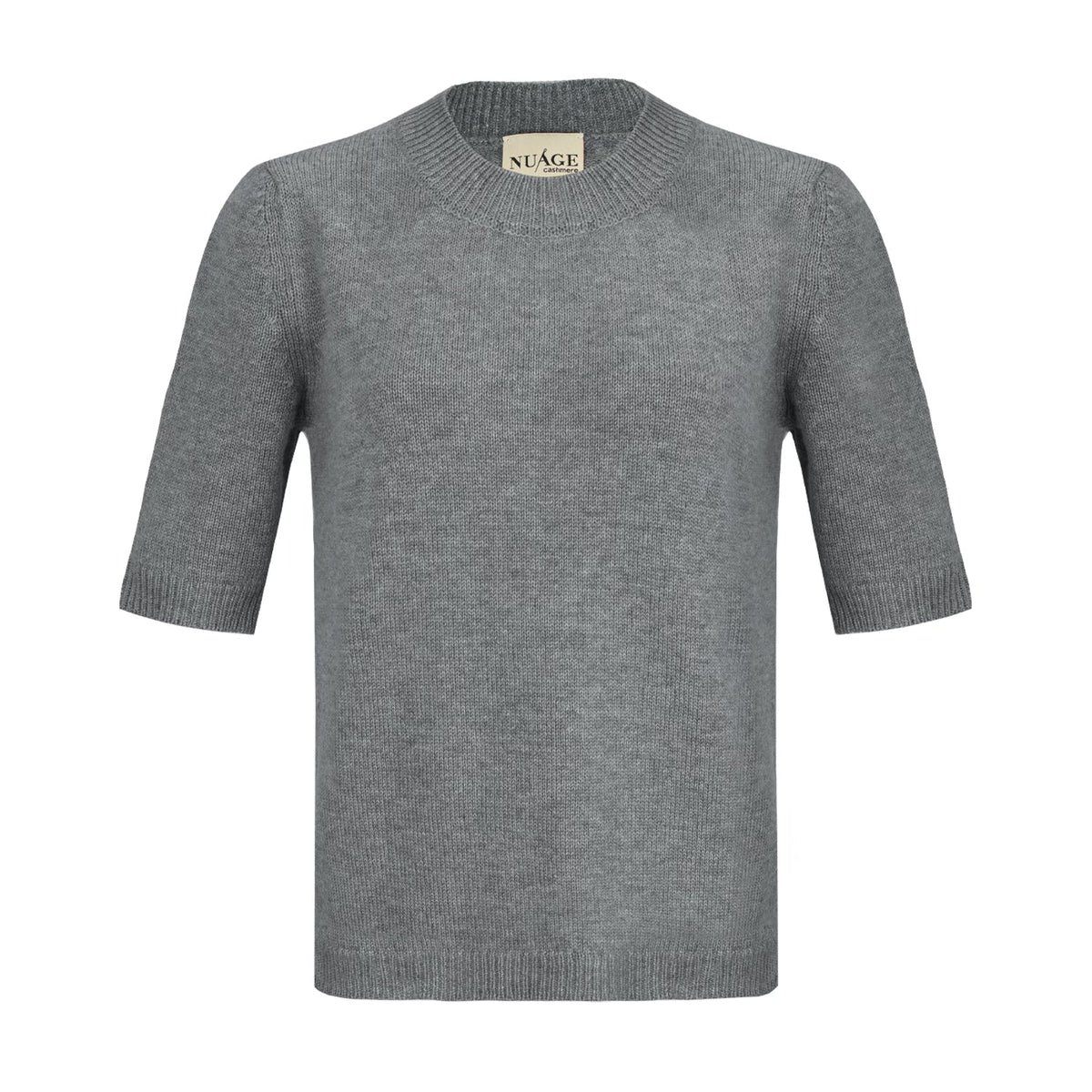 T-shirt en cachemire Nuage Cashmere gris, vue de face à plat, encolure ronde côtelée