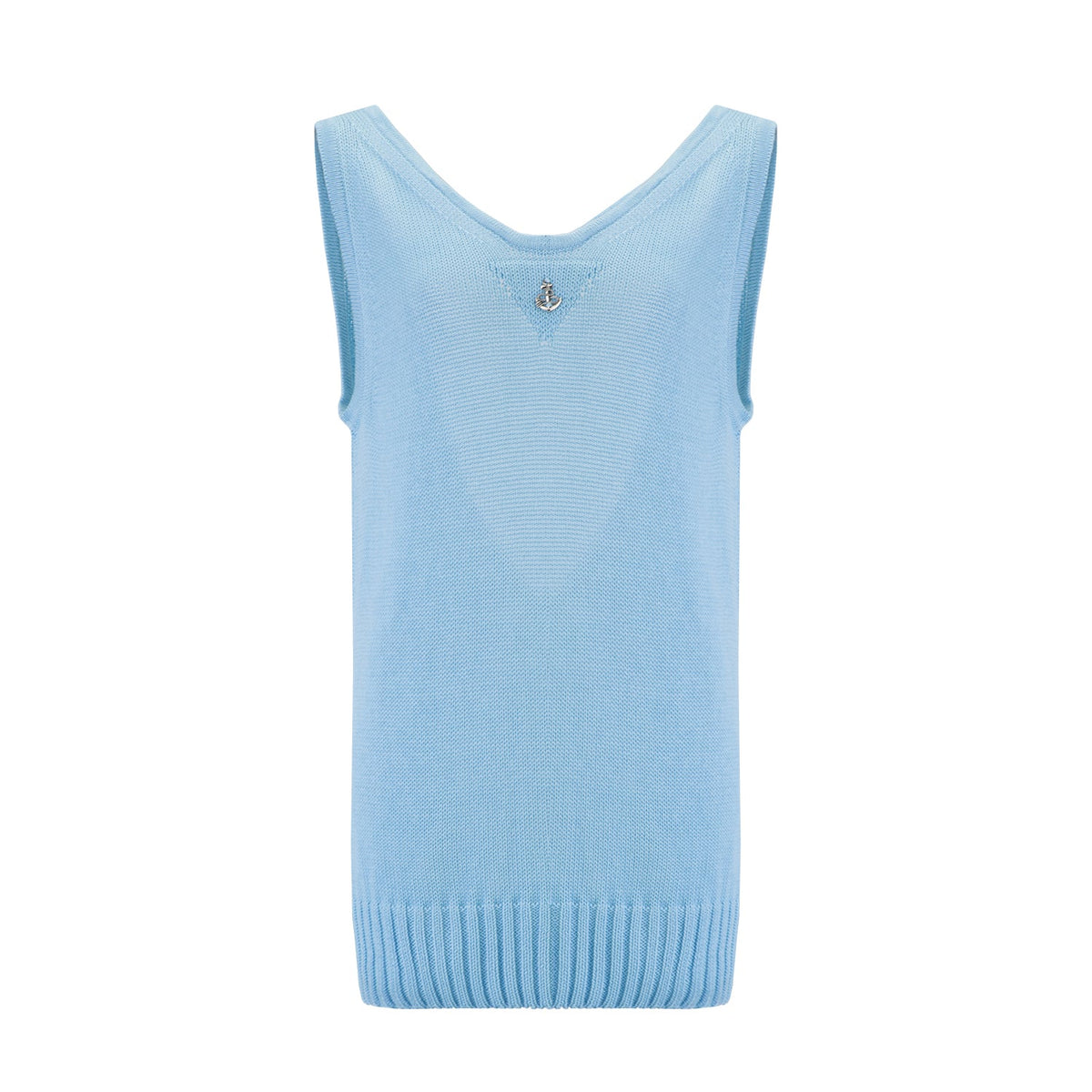 Top dos ouvert Nuage Cashmere en bleu ciel, vue de face à plat, bas côtelé