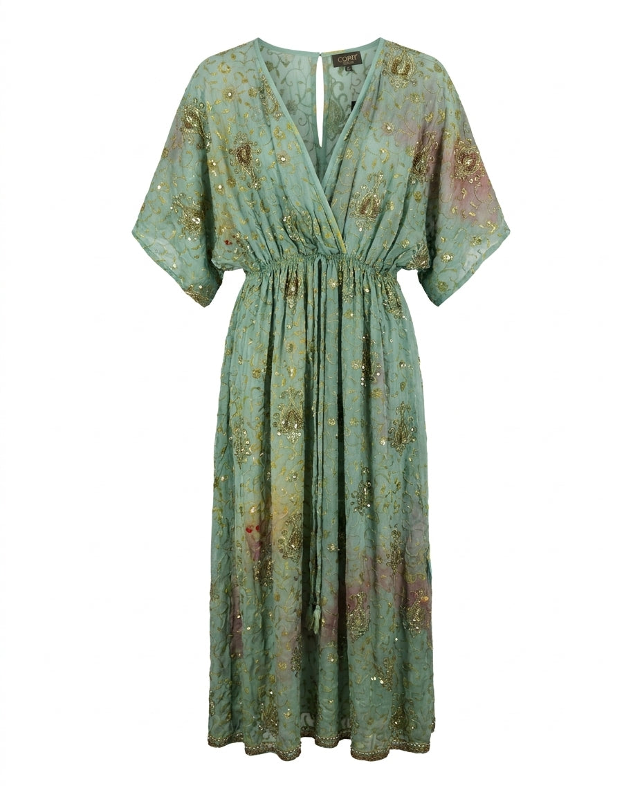 Robe portefeuille Cofur « Bali » en soie, tie and dye turquoise et corail, volutes perlées et galon à l'ourlet