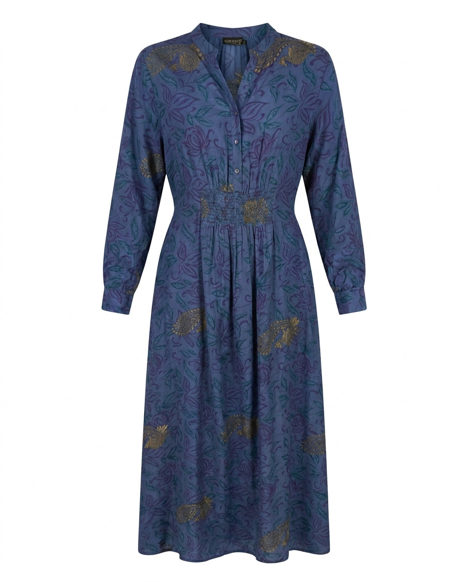 Robe-chemise Cofur « Manhattan » en soie indigo à fleurs et paisleys prune, turquoise et or, taille smockée