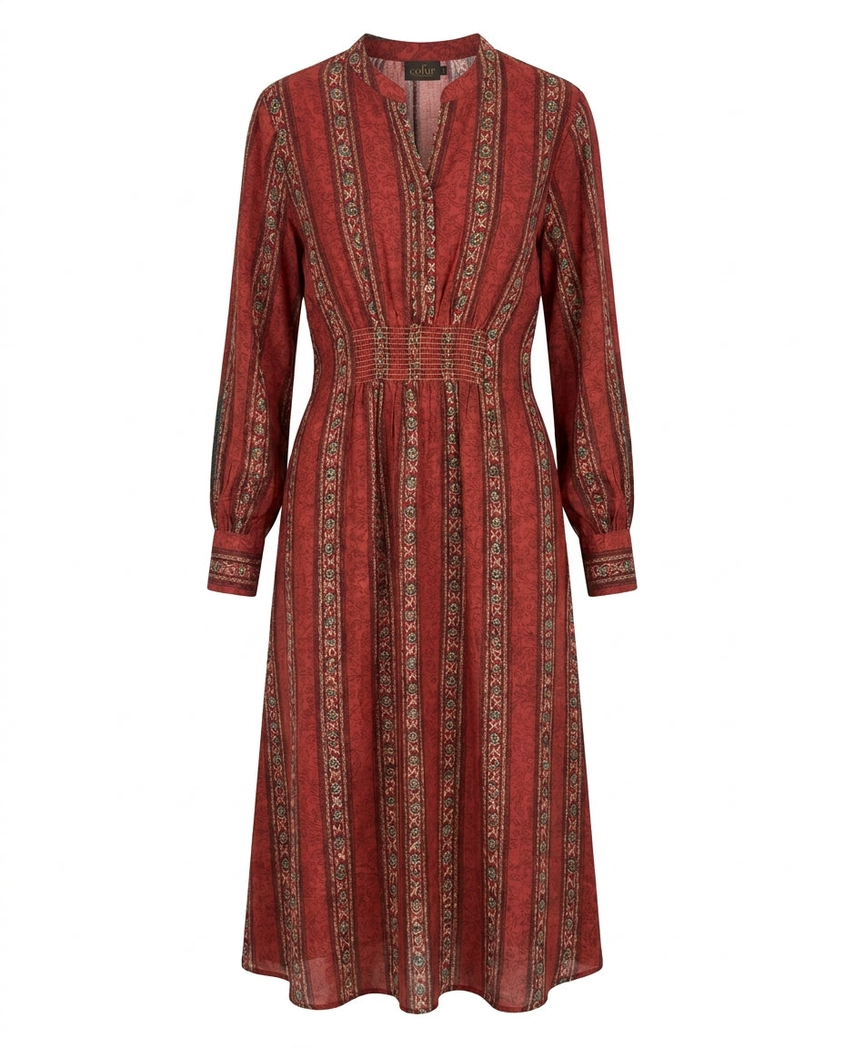 Robe-chemise Cofur « Manhattan » en soie terracotta à galons fleuris verts et dorés imprimés à la planche, taille smockée