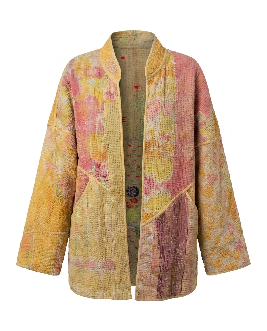 Veste kantha Cofur en saris anciens, jaune d'or, abricot et rose pâle, biais crème, vue de face