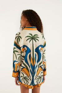 Chemise FARM Rio en coton à imprimé Tropical Graphic multicolore, col et poignets orange, détail de l'imprimé