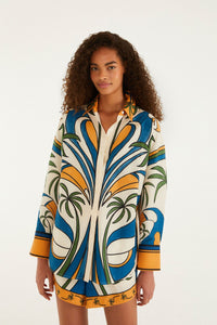 Chemise FARM Rio en coton à imprimé Tropical Graphic multicolore, col et poignets orange, vue de face
