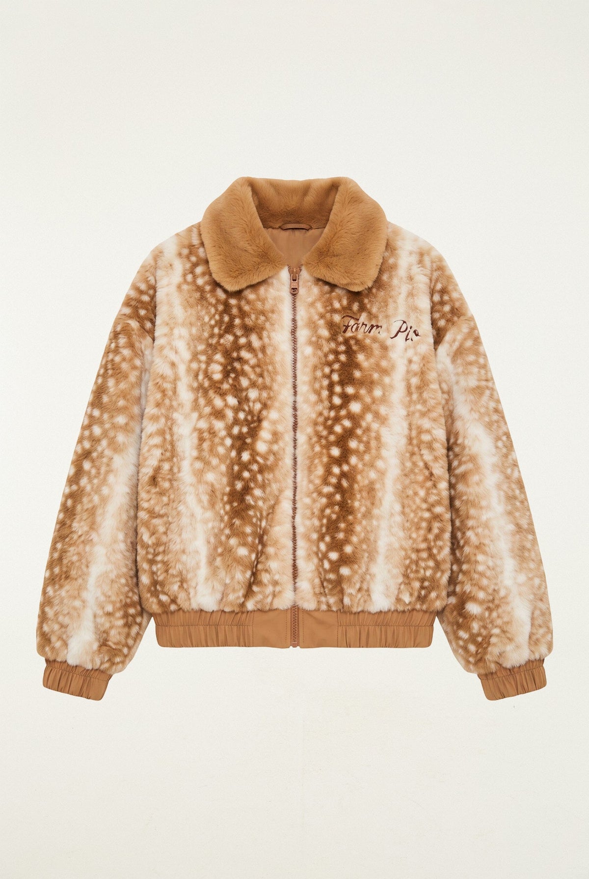 Doudoune réversible FARM Rio imprimé faon beige, col en fausse fourrure et bords-côtes – à plat