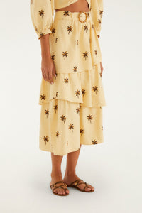 Jupe mi-longue FARM Rio en lin et viscose sable, broderie d'arbres, volants et boucle en bambou, vue de dos