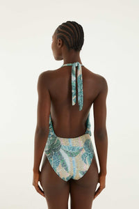 Maillot de bain une pièce FARM Rio à imprimé Mosaic Rio, encolure en V et dos à nouer, détail de l'imprimé