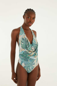 Maillot de bain une pièce FARM Rio à imprimé Mosaic Rio, encolure en V et dos à nouer, vue de face