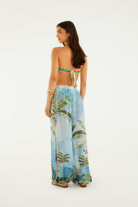 Pantalon ballon FARM Rio en viscose bleue Mosaic Rio, boutons sur le côté et broderies, détail de l'imprimé