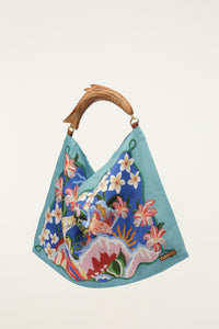 Petit sac foulard FARM Rio en satin multicolore Garden of Life avec anse en bois en forme de feuille, vue de dos