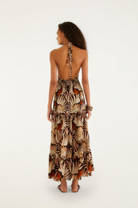 Robe longue FARM Rio en viscose à imprimé Ammonite multicolore, taille smockée et pompons, détail de l'imprimé