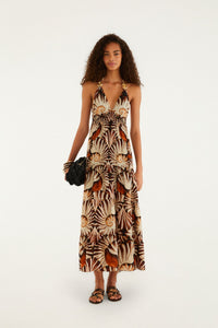 Robe longue FARM Rio en viscose à imprimé Ammonite multicolore, taille smockée et pompons, porté