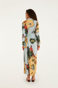 Robe longue chemise FARM Rio en viscose à imprimé Beaches Path multicolore et bordure orange, détail de l'imprimé