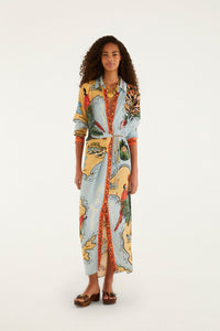Robe longue chemise FARM Rio en viscose à imprimé Beaches Path multicolore et bordure orange, vue de face