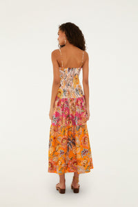 Robe longue FARM Rio en coton à imprimé floral Ligia multicolore, encolure en V festonnée et volants, détail de l'imprimé