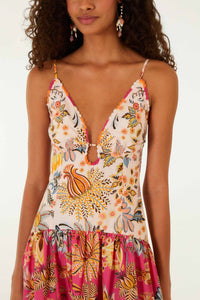 Robe longue FARM Rio en coton à imprimé floral Ligia multicolore, encolure en V festonnée et volants, vue de dos
