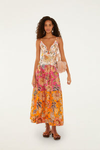 Robe longue FARM Rio en coton à imprimé floral Ligia multicolore, encolure en V festonnée et volants, vue de face