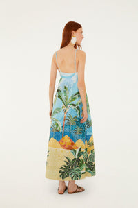 Robe longue FARM Rio en coton à imprimé Rio Mosaic multicolore, décolleté cœur et bretelles tressées, détail de l'imprimé