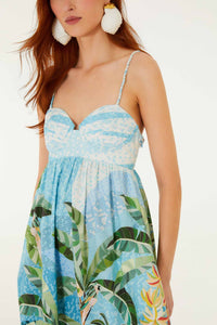 Robe longue FARM Rio en coton à imprimé Rio Mosaic multicolore, décolleté cœur et bretelles tressées, vue de dos