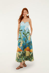 Robe longue FARM Rio en coton à imprimé Rio Mosaic multicolore, décolleté cœur et bretelles tressées, vue de face