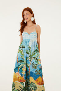 Robe longue FARM Rio en coton à imprimé Rio Mosaic multicolore, décolleté cœur et bretelles tressées, porté