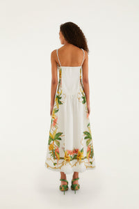 Robe mi-longue FARM Rio en coton écru à imprimé Tropical Royalty, encolure carrée et bretelles torsadées, détail de l'imprimé
