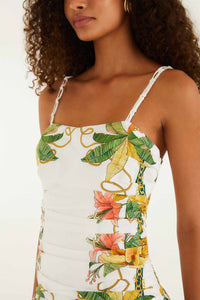 Robe mi-longue FARM Rio en coton écru à imprimé Tropical Royalty, encolure carrée et bretelles torsadées, vue de dos