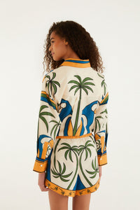 Short FARM Rio en coton à imprimé Tropical Graphic multicolore, taille à cordon et bordure palmier, détail de l'imprimé