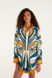 Short FARM Rio en coton à imprimé Tropical Graphic multicolore, taille à cordon et bordure palmier, porté